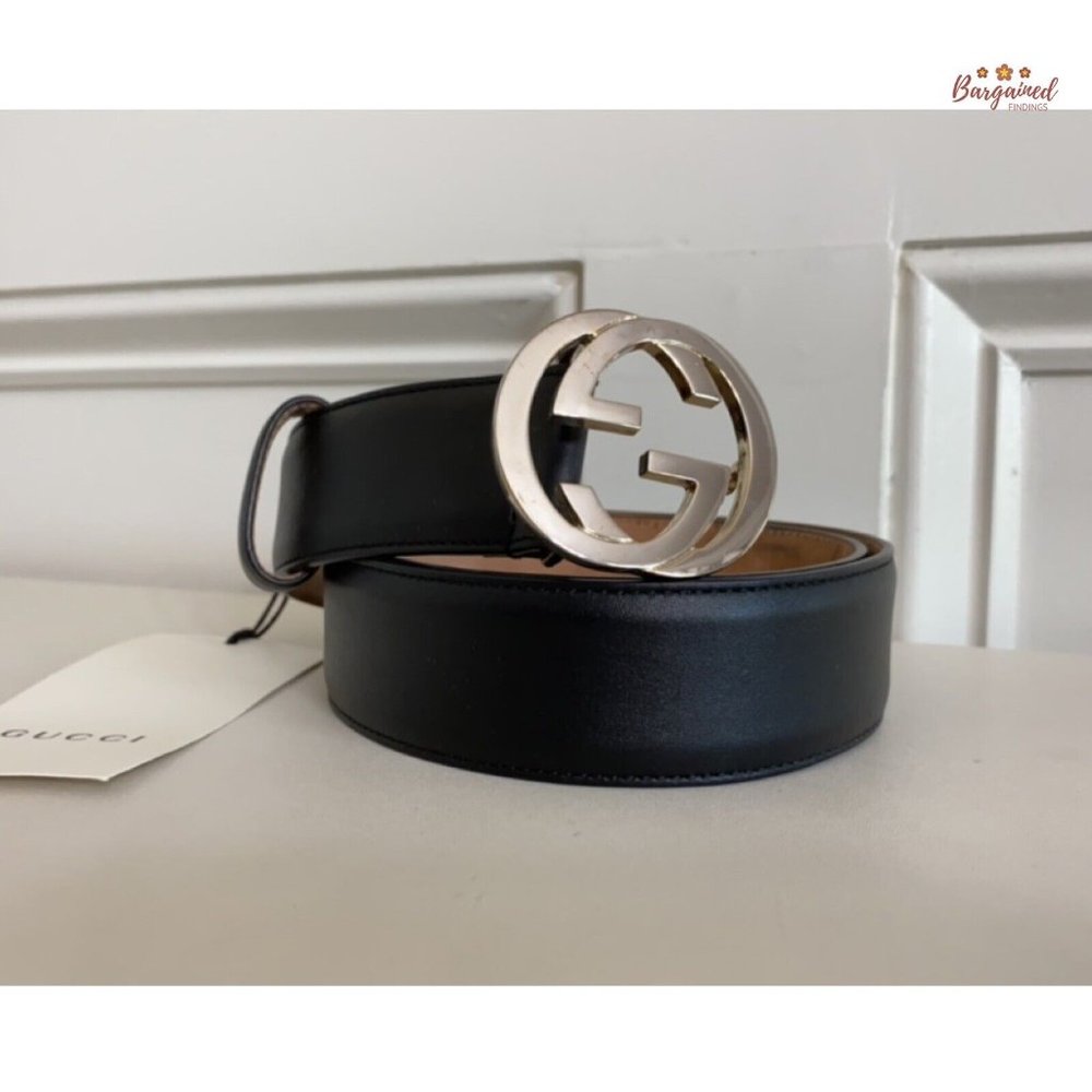 Authentic Gucci Black Calfskin Leather Silver Interlocking G Buckle Belt 75/30 - Picture 12 of 13